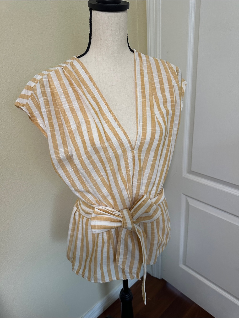 Max Studio Yellow and White Striped Tie-Front Blouse